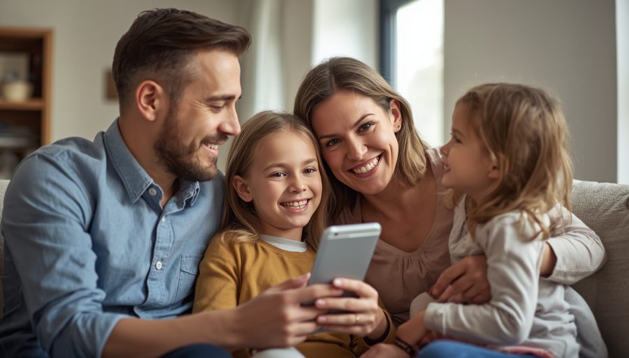 Family looking at a phone together